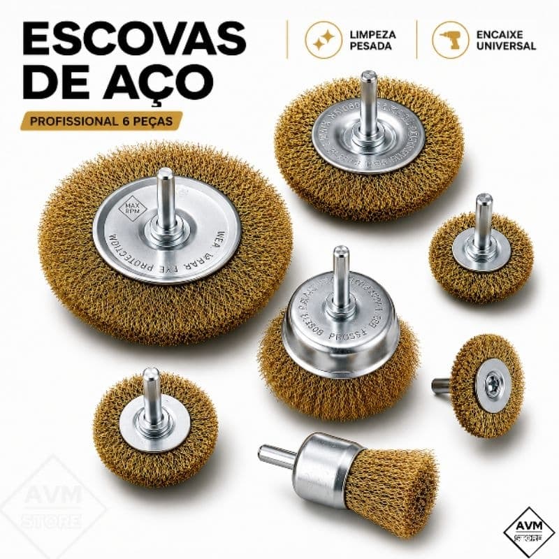Kit Escova de Aço Circular para Furadeira Parafusadeira Jogo 6 Escovas de Limpeza Rotativa com Haste