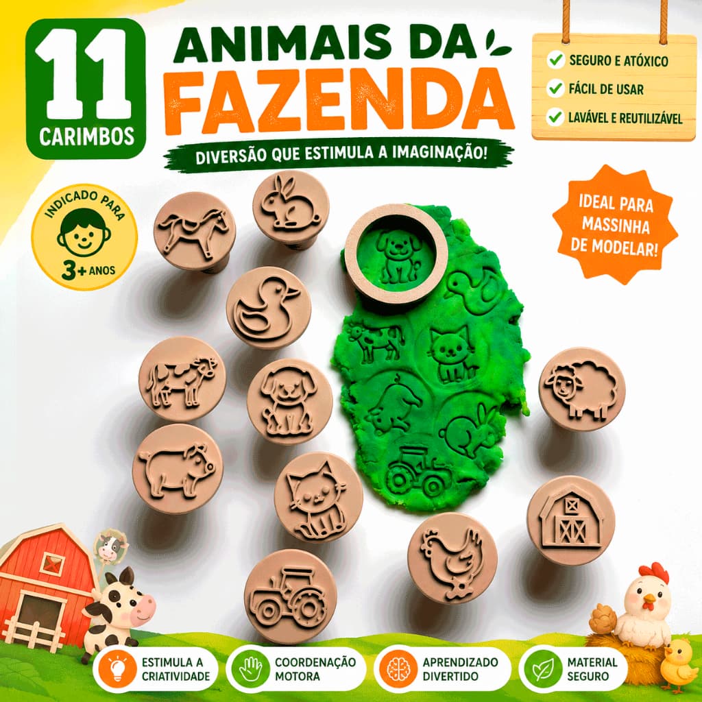 Kit 11 Carimbos Para Massinha Modelar E Biscoito Animais Da Fazendinha Infantil