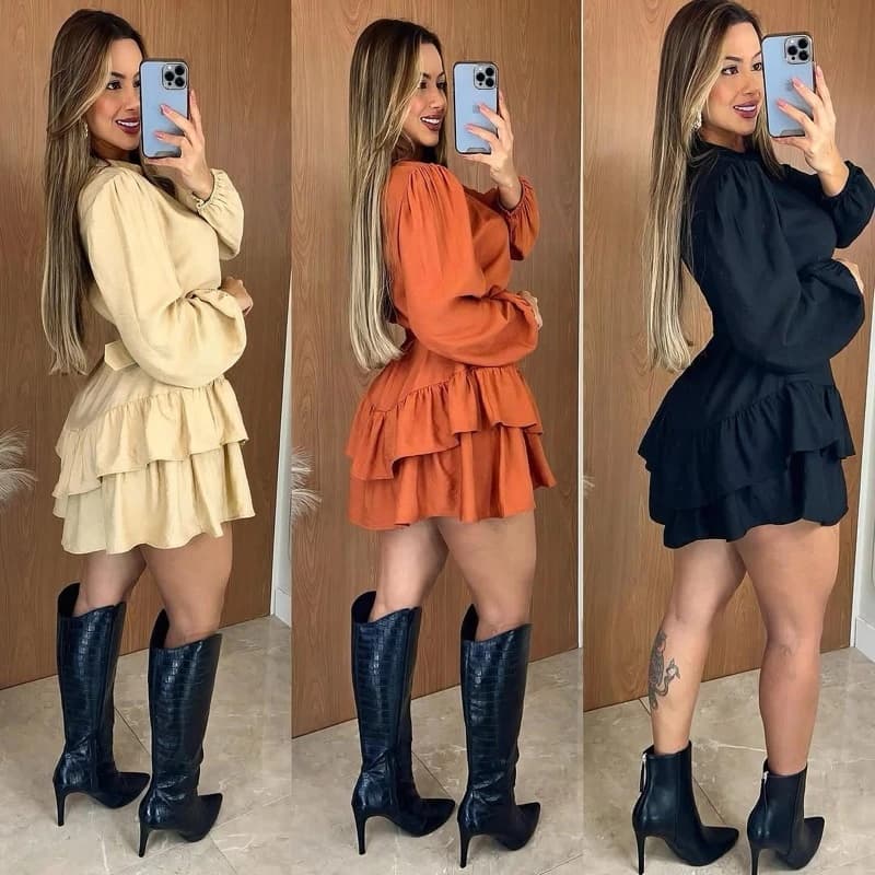 Vestido Feminino Boho Chic Soltinho Manga Longa babado na Barra Tendência (GOLA)