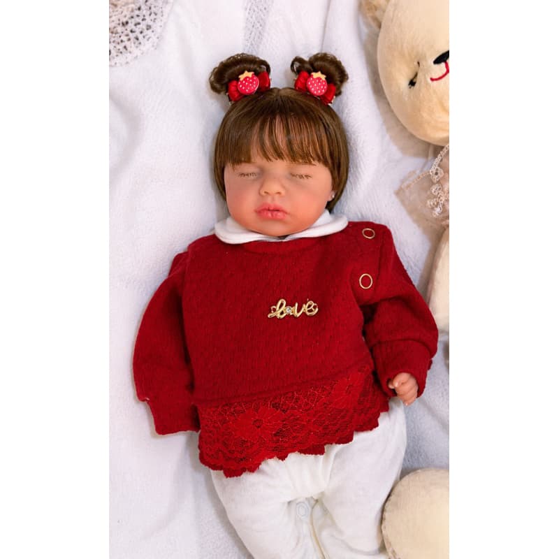 bebe reborn loulou vermelha silicone solido mama faz xixi chupeta de verdade molinha olhos fechados dormindo 34 cm Lia