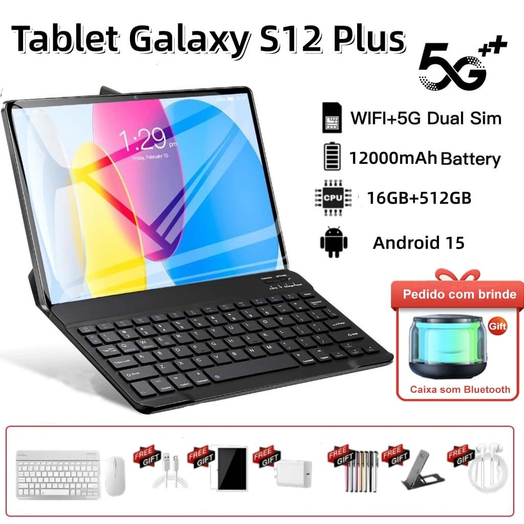 【Teclado e mouse gratuitos】Tablet Galaxy S12 Plus 16 GB + 512 GB, 12,8 polegadas, 12.000 mAh, Android, 5G, entreteniment