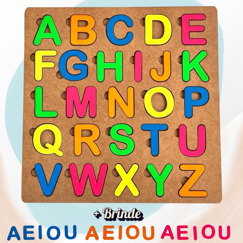 Tabuleiro Alfabeto Maiúsculo Educativo Pedagógico Colorido com Peças destacáveis Madeira NEON