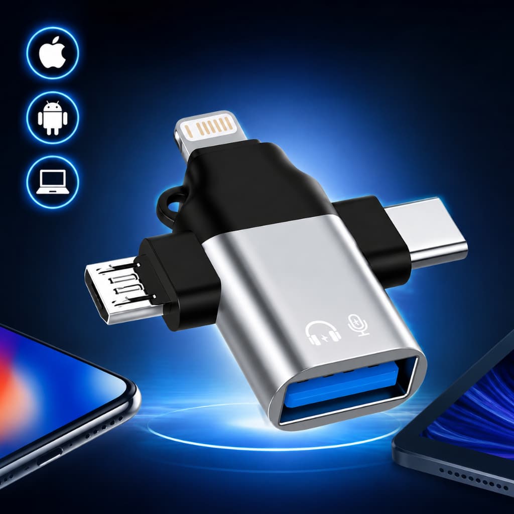 Adaptador OTG Lightning e USB-C 3 em 1 para Celular Tablet Android e iPhone