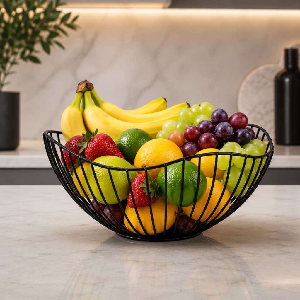 Fruteira de Mesa Multiuso Organizador de Frutas Cesto em Metal Preto Premium para Cozinha em Aço