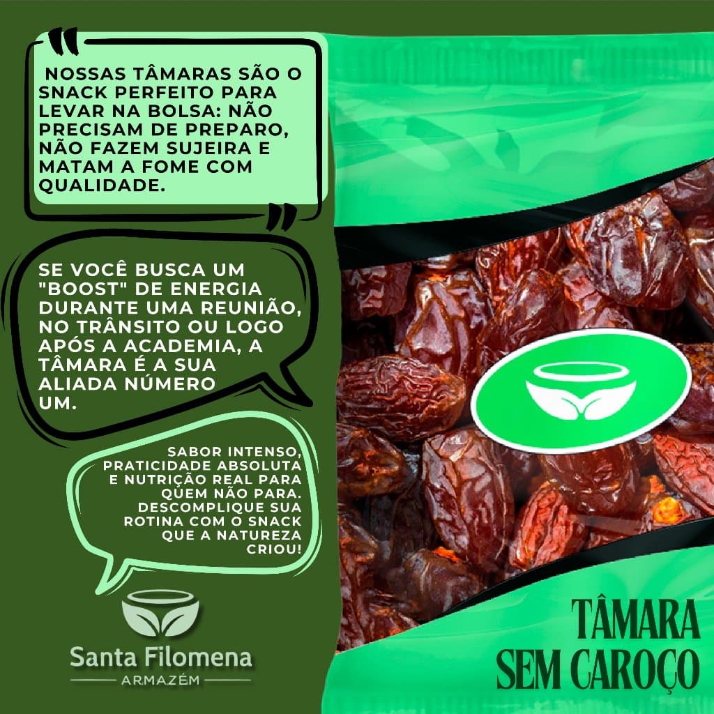 Tâmara Sem Caroço Premium: Doçura natural e textura macia, ideal para snacks saudáveis e sobremesas.