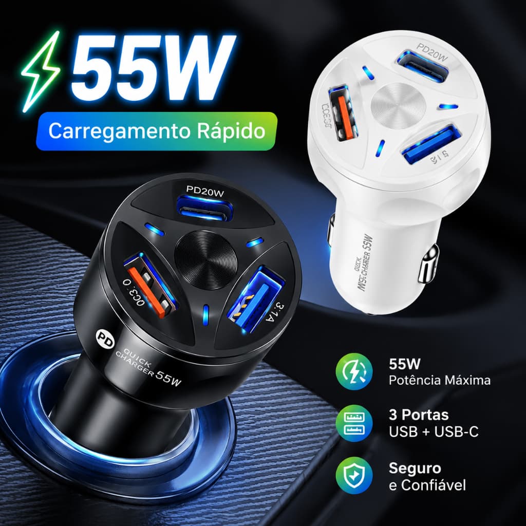 Carregador Rápido para Carro 3 Portas USB QC3.0 Carga Rápida Celular