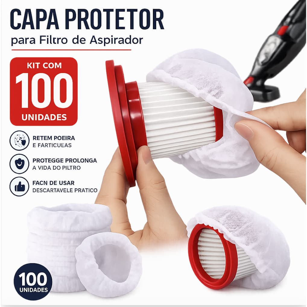 Kit 100 filtros descartáveis ​​para aspirador de pó – Não laváveis, capa protetora portátil