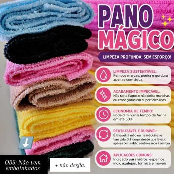 Kit Panos Mágicos Felpudos 45x45cm para Limpeza Multiuso de Cozinha Pia Vidros Espelhos Inox Móveis Carro e Casa