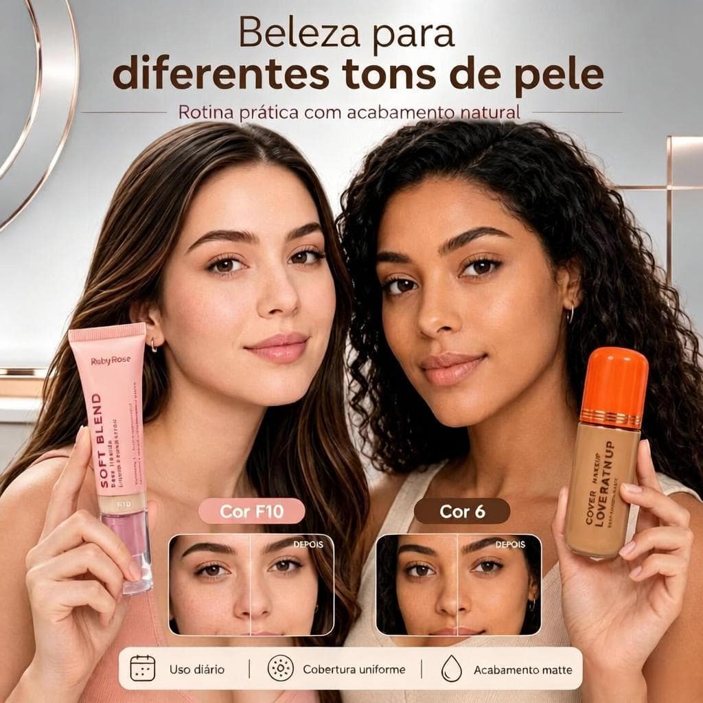 Base Líquida Ruby Rose Soft Blend F10 + Love Rain Cover Up Cor 6 – Maquiagem Facial Matte HBM301-1+LR-F2016-6