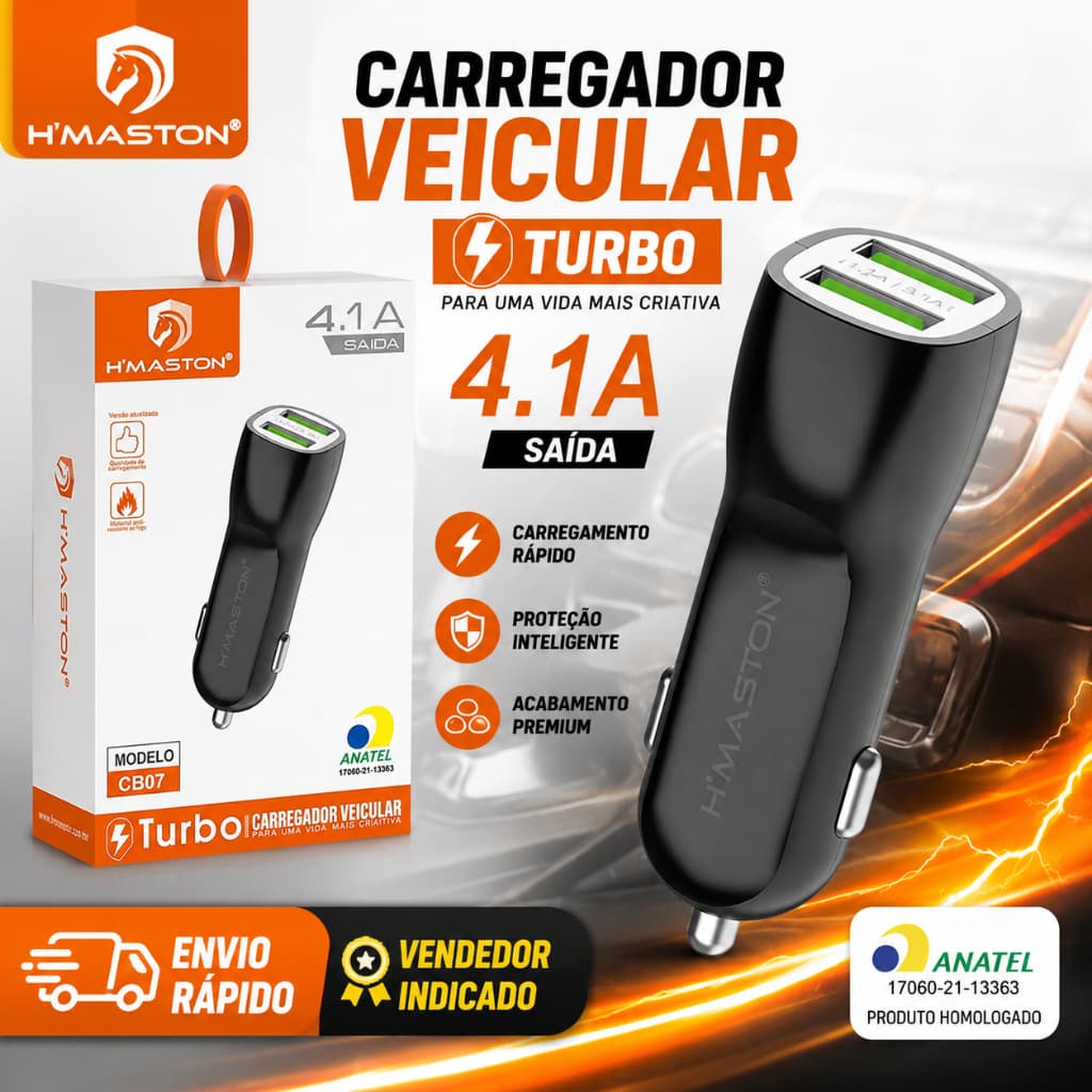 Fonte Carregador Veicular Para Carro H’Maston CB-07 Com Carregamento Rápido/Turbo 4.1A para Celular