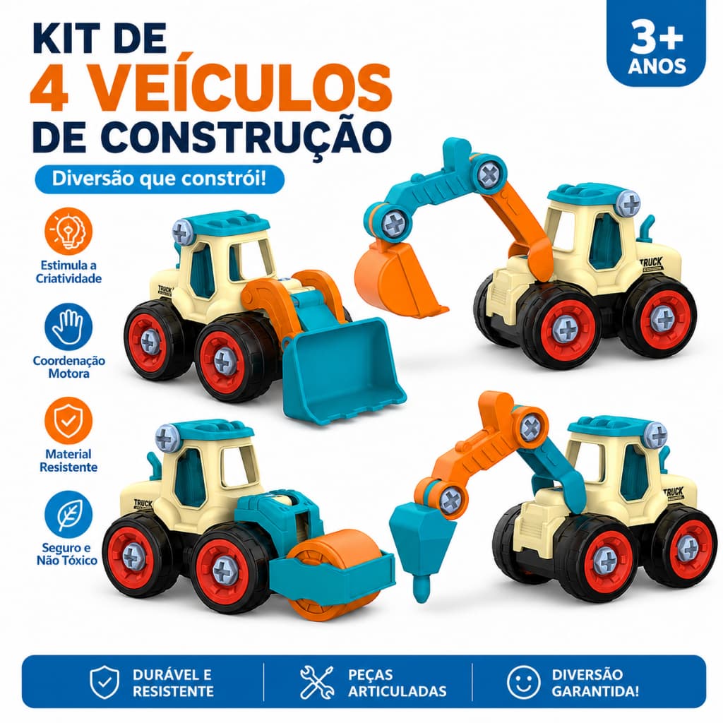 Kit 4 Tratores De Construção Desmontáveis Educativos 4 em 1