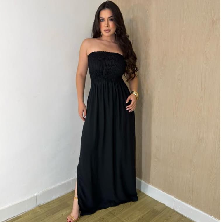 Vestido Feminino Longo Tomara Que Caia Elastek Liso Preto Elegante Festa Solto