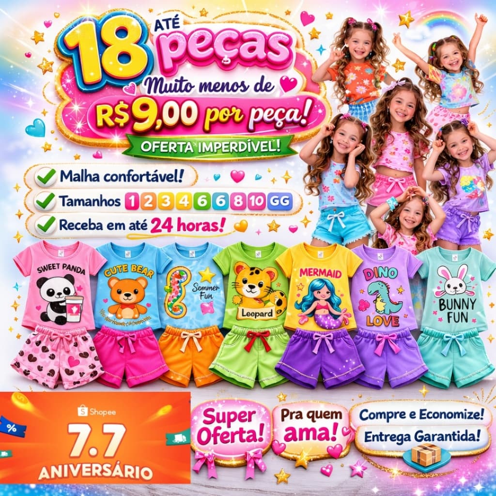 Kit 10/12/18 Conjunto Infantil Menina Verão Look Estiloso Roupa Bebê Algodão Casual