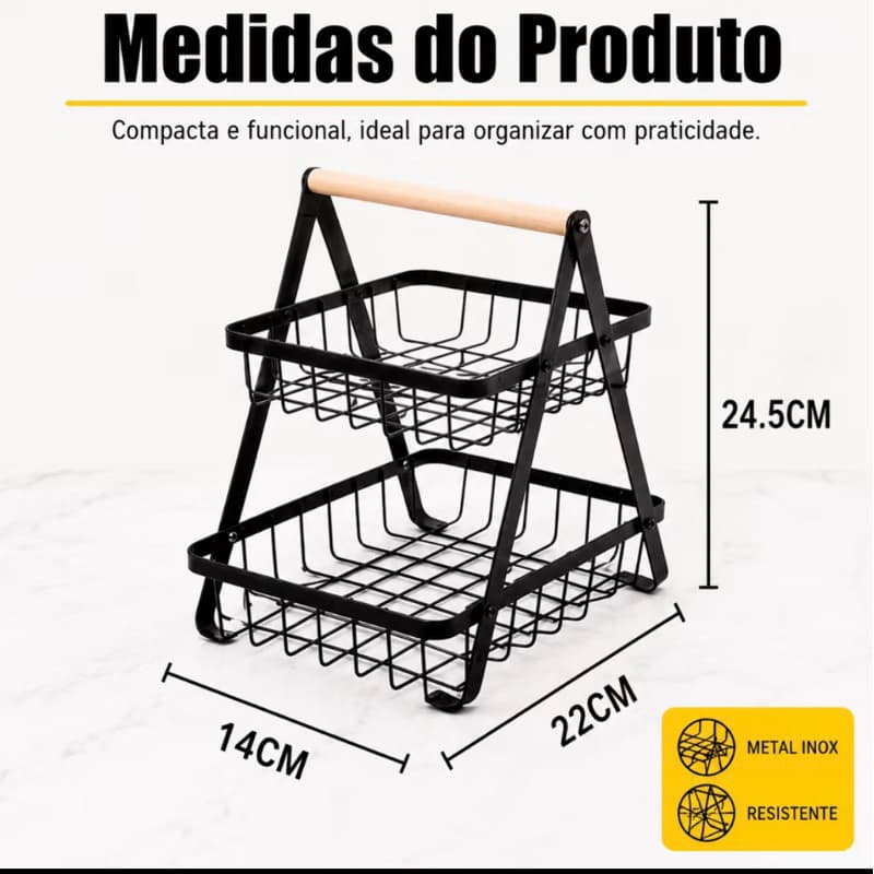 Fruteira de mesa Cesto Organizador 2 Andares Preto Metal Aramado Organizador multiuso