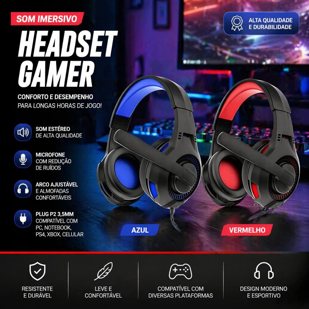 Headset Gamer Com LED Microfone Fio Para PC Notebook Console Xbox PS Som Estéreo Confortável