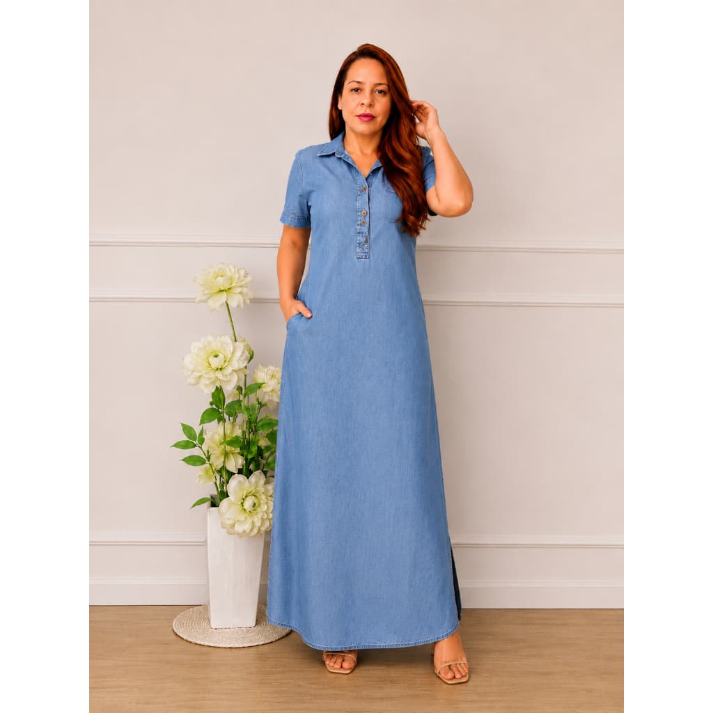 vestido longo jeans com bolso modelagem perfeita  sofisticado tendência veste do 38  até o 46