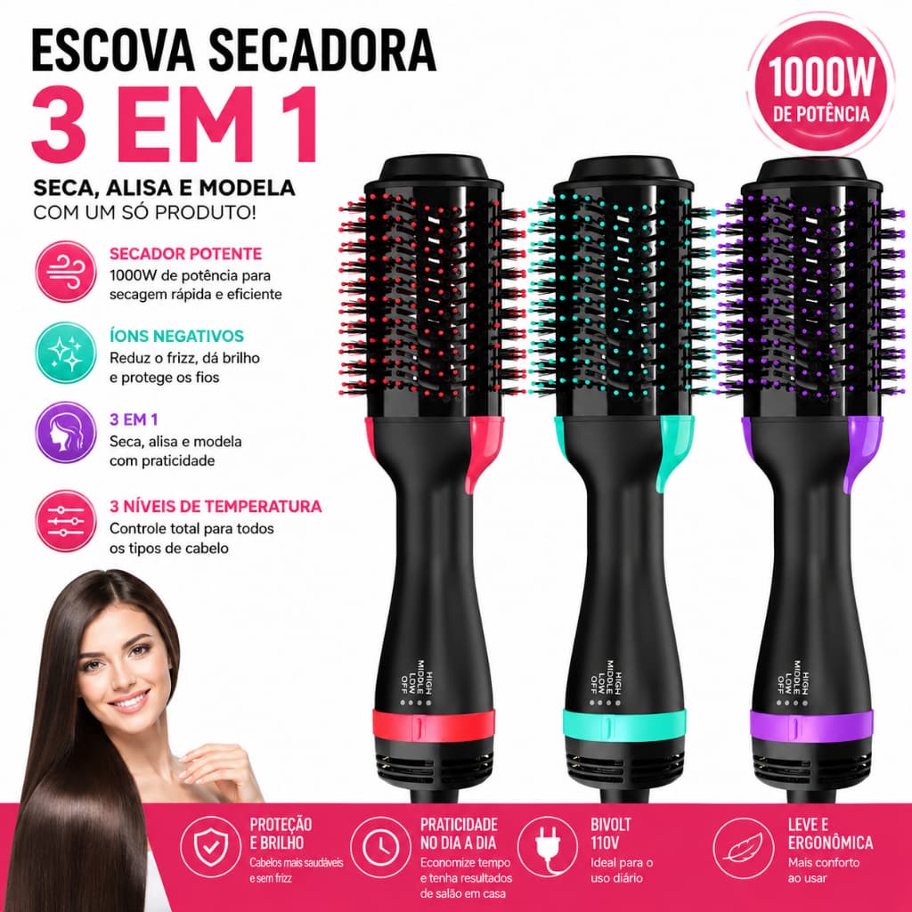 Escova Secadora 3 em 1 Profissional 1000W – Ar Quente, Íons Negativos, Alisador e Modelador 110V