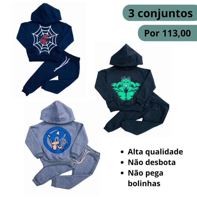 Kit 3 Conjunto Moletom Infantil Menino Peluciado | Conjuntos do 01 ao 10 Anos | Casaco + Calça de Moletom