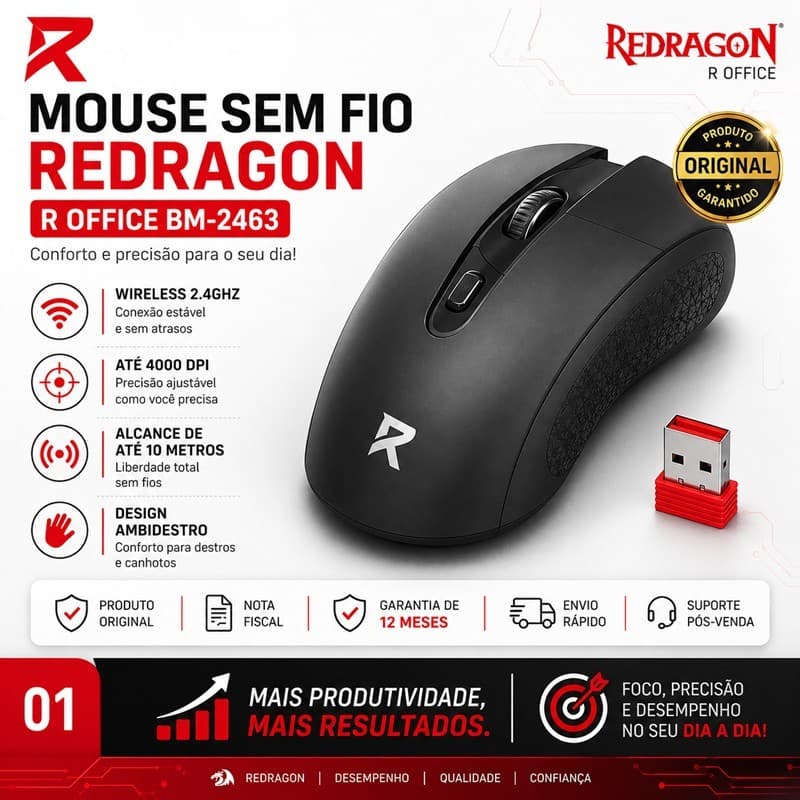 Mouse Sem Fio Redragon BM-2463 4000 DPI Wireless 2.4GHz Original NF Garantia USB