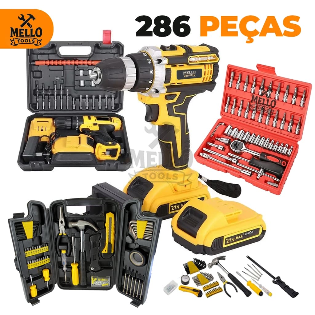 Kit Jogo Ferramentas 286 Peças com Parafusadeira/Furadeira 21V Sem Fio + Jogo de Soquete e Maleta Completa Profissional