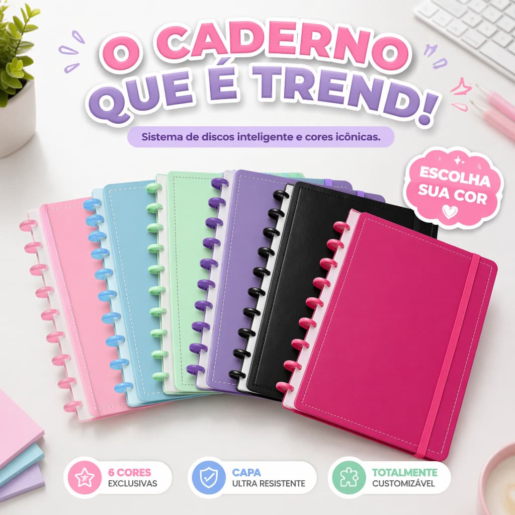 Caderno discos removíveis capa PU A5 B5 A4 80 folhas Planner Escolar