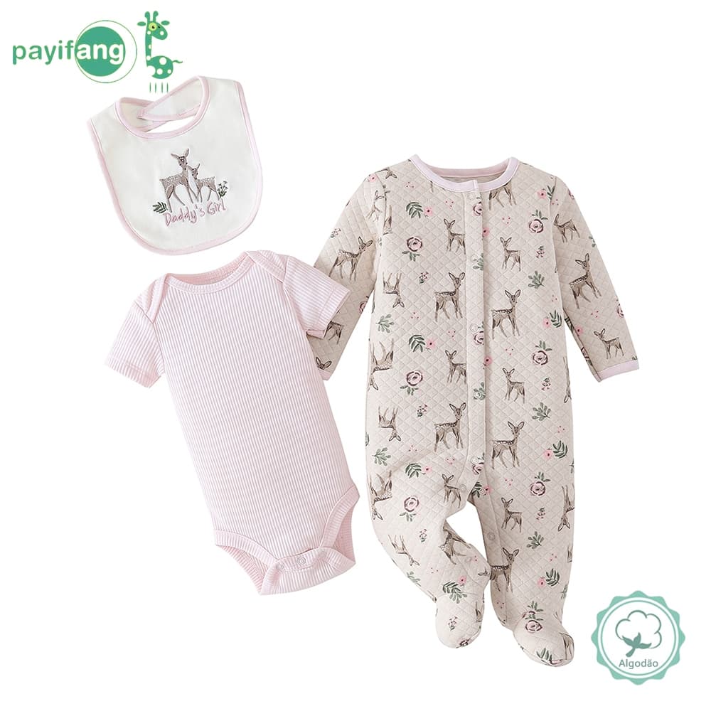 Payifang Kit Enxoval Bebê Menina 0-9 Meses 100% Algodão Estampa Veado Floral Mameluco com Pé Body Canelado
