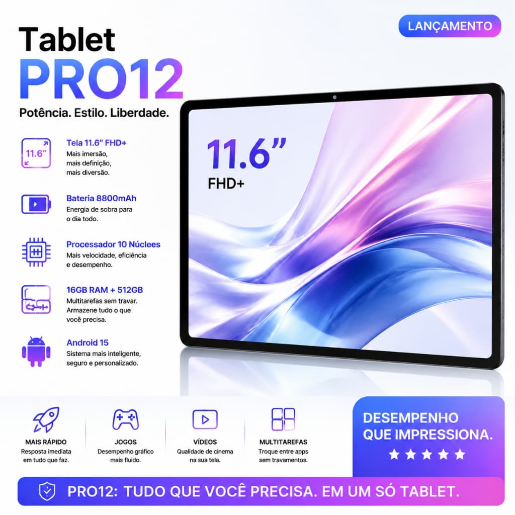 Tablet Pro12 | 16 GB de RAM 512 GB | Ecrã HD de 11,6" | Android 15 | 5G | Teclado e rato grátis