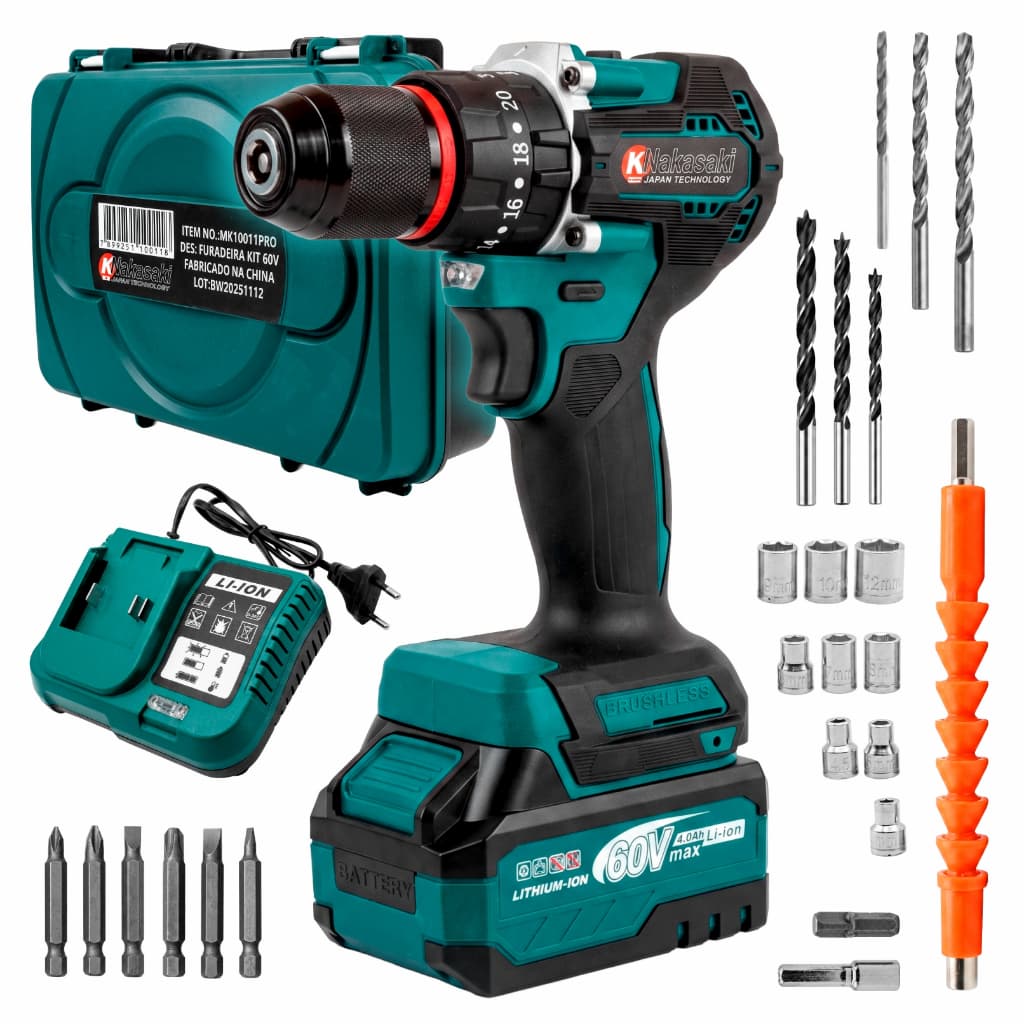 Brushless Parafusadeira Furadeira 60v Bateria Com Maleta Completo 55Nm Mandril 10mm Nakasaki Azul
