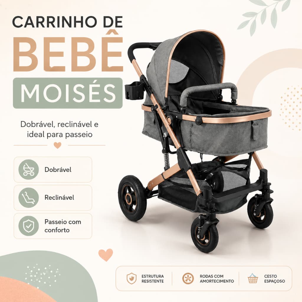 Carrinho de Bebê Moisés Dobrável Reclinável com Capota Cesto Porta-Copos para Passeio