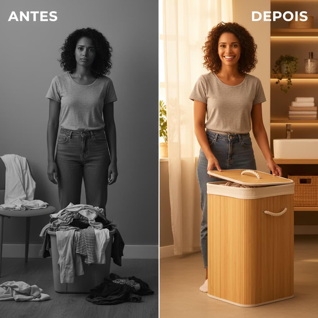 Cesto de Roupa Suja Bambu 70 Litros Com Tampa e Forro Organizador Quartos Banheiros Lavanderia Closets Dobrável Premium