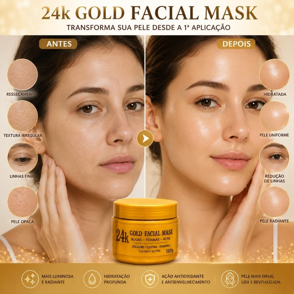 Máscara Facial Ouro 24K Colágeno Vitamina C Clareadora Hidratante Anti-idade 180g