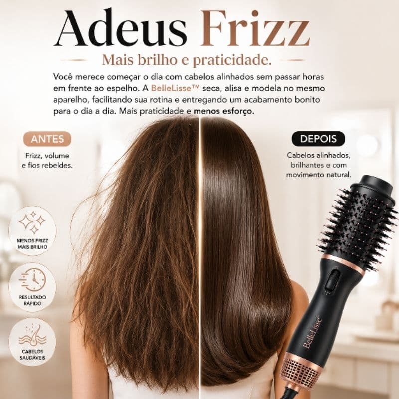 Escova Secadora BelleLisse™ 1300W Bivolt 3 em 1 Alisa Seca Modela Cabelo Anti Frizz Profissional