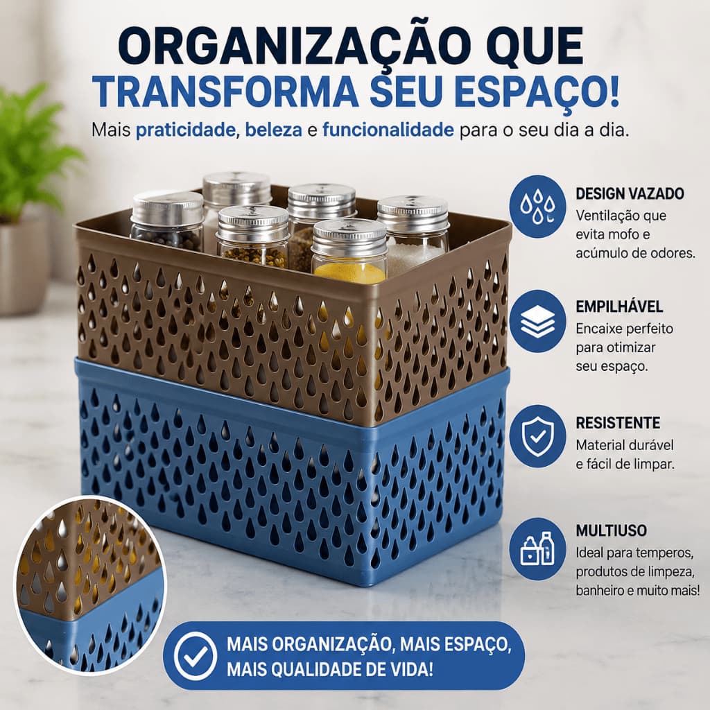 Caixa Organizadora Empilhável Formato Gota | Organizador Multiuso para Banheiro, Cozinha, Mesa e Escritório