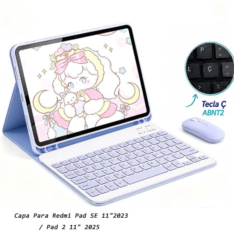 Capa Para Redmi Pad SE 11" 2023 / Redmi Pad 2 11" 2025 Com Teclado Magnético ABNT2 Bluetooth (Com "Ç") e Mouse Sem Fio