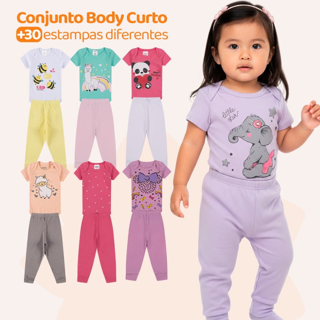 Kit Bebê 8 Peças de Roupas para Bebê Menina (4 Body Curto + 4 Calça Mijão)ou Kit 3 Body Roupa Infantil Bebê