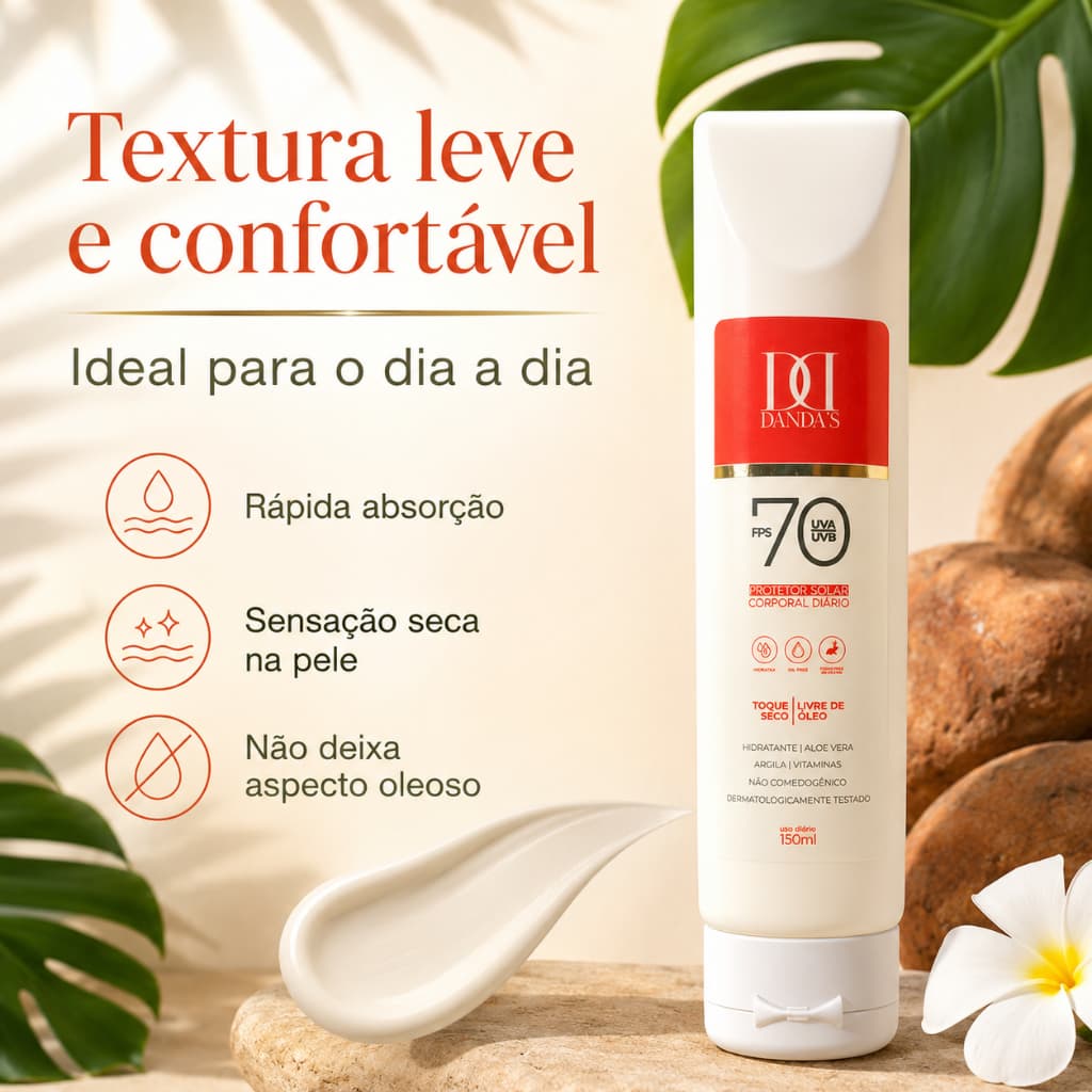 Protetor Solar FPS 70 Danda’s 150ml UVA/UVB Toque Seco, ROSTO E CORPO, ANTISSINAIS, NÃO OLEOSO