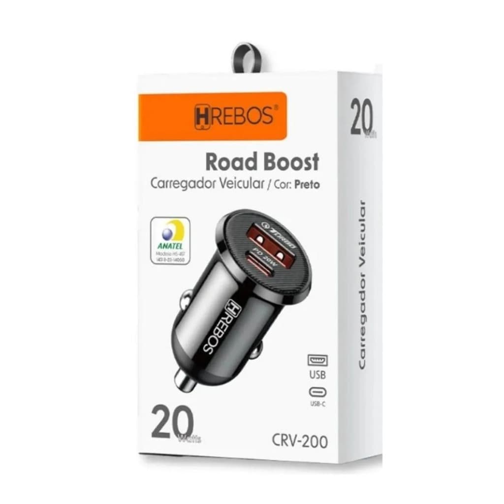 Fonte Carregador Veicular CRV-200 20W USB + USB-C  Carga Rápida para Android e iPhone