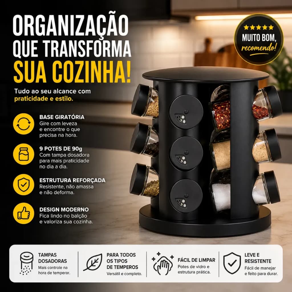 Porta Temperos e Condimentos Base Giratória Com 9 Potes De Vidro Cor Preto Preto