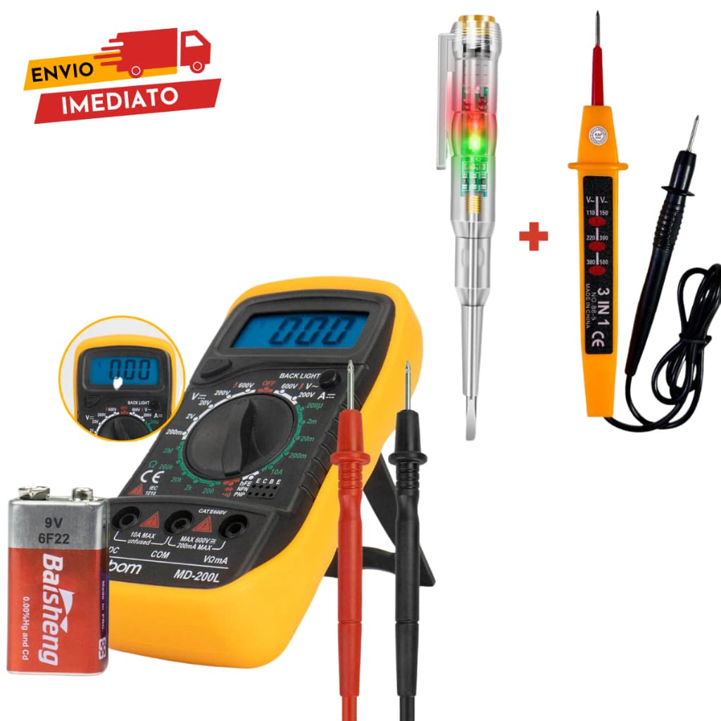 Kit 3 em 1 Multímetro Profissional Digital + Caneta Detectora Corrente Tensão + Chave Fenda Teste