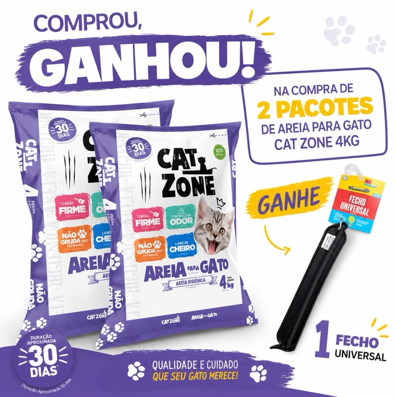 KIT 2 Areia Para Gato Cat Zone - Higiene Sanitária - Torrão Firme - Controle de Odor 4kg
