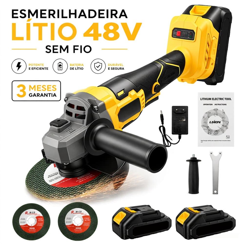 MOHOR Esmerilhadeira Profissional 48V 800W Sem Fio + 2 Baterias de Lítio para Cortar, Lixar e Polir Metais