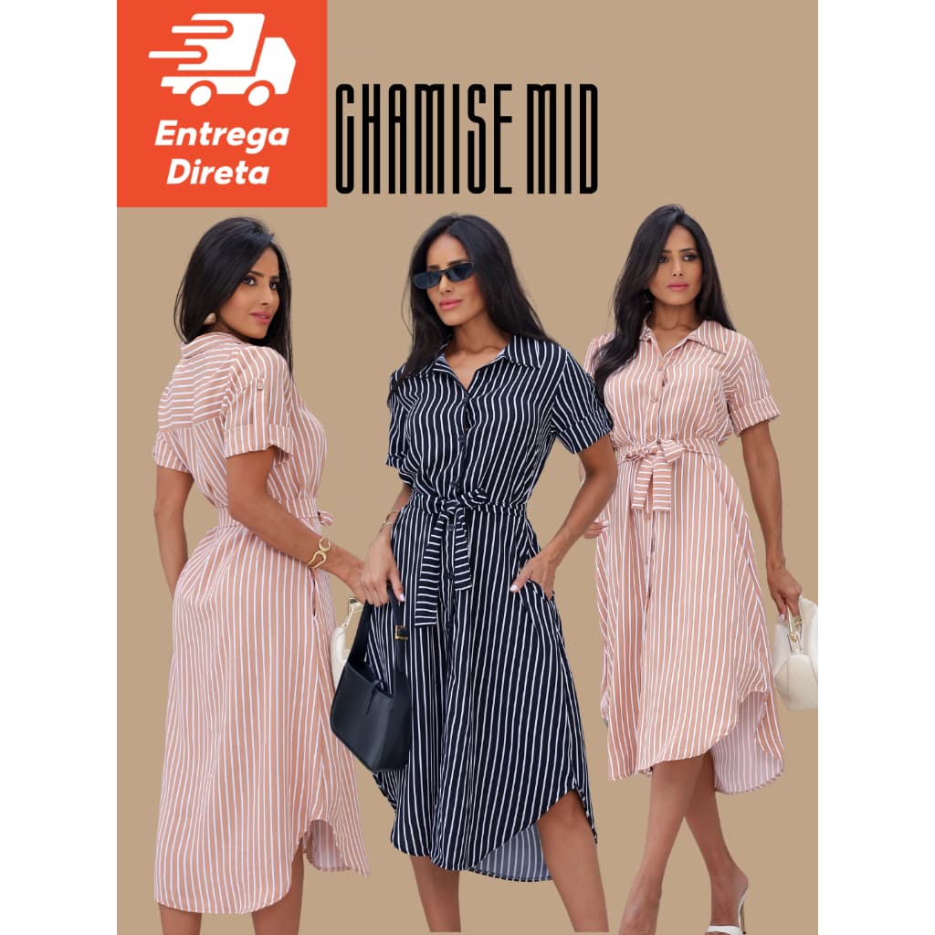 Vestido Chemise listrada Midi Manga Curta Moda feminina Moda Praia Envio Imediato