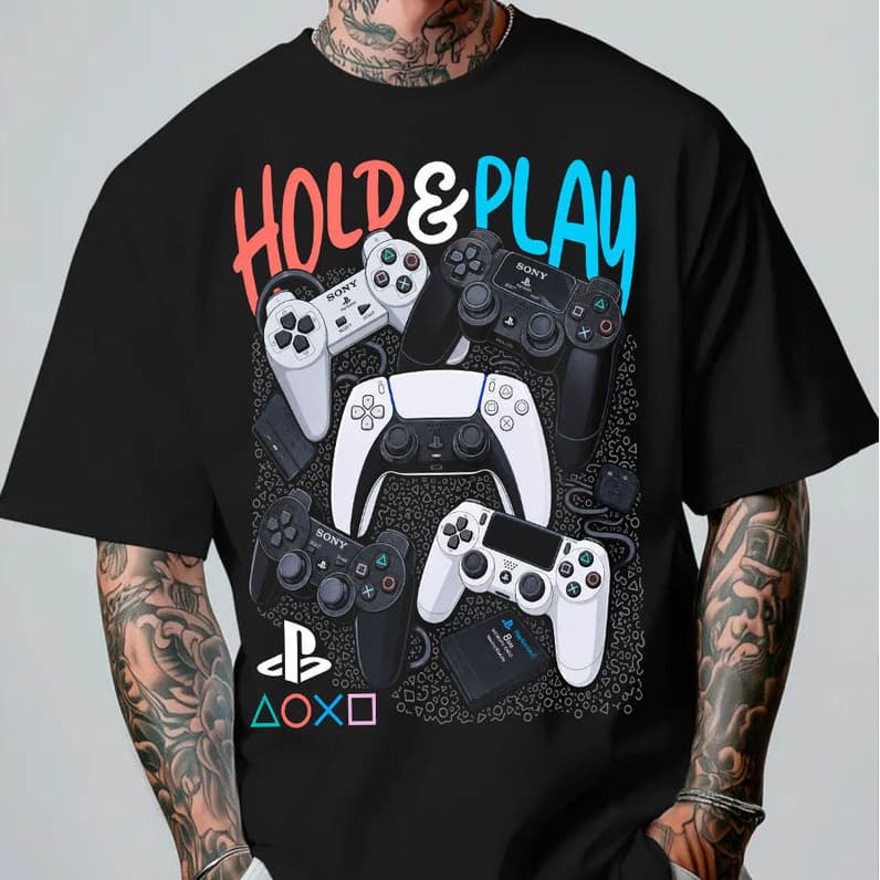 Camiseta Hold e Play Game Jogo Controle Videogame Gerações Camisa Basica e Oversized Algodão
