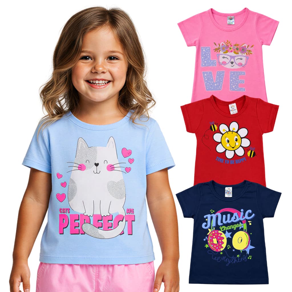 Kit 3 Camiseta Infantil Manga Curta ou Regatas Menina Sortido Blusa Verão Roupa Feminina Bebê