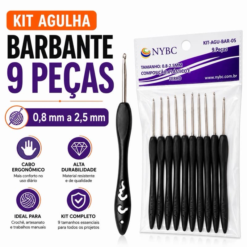kit agulha barbante c/ 9 peças para crochê, amigurumi e artesanato