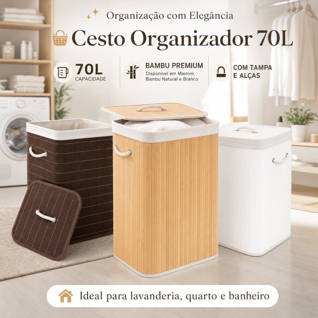 Cesto de Roupas Bambu 70L com Tampa e Alças Organizador Lavanderia Banheiro Closet