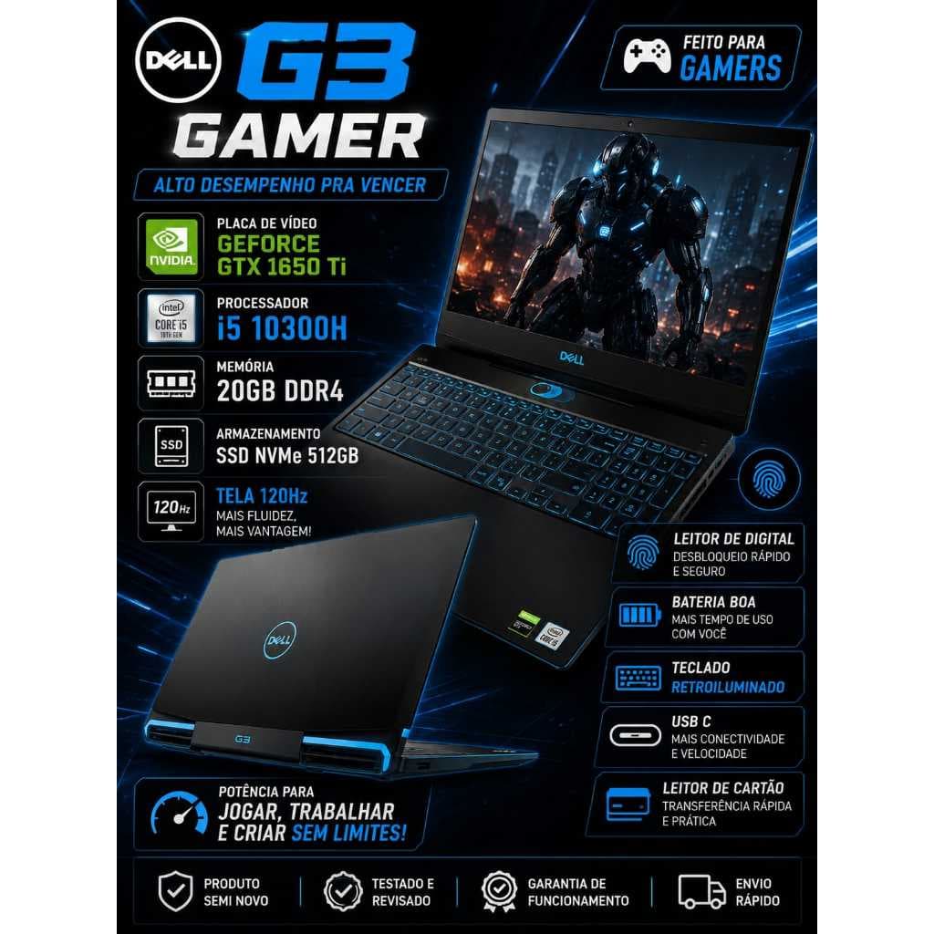Notebook Gamer Acer Nitro 5, NVIDIA GTX 1650ti, 15.6" 120hz Full HD , i5 10a Geração, 20GB DDR4, SSD-512GB,  SEMI NOVO