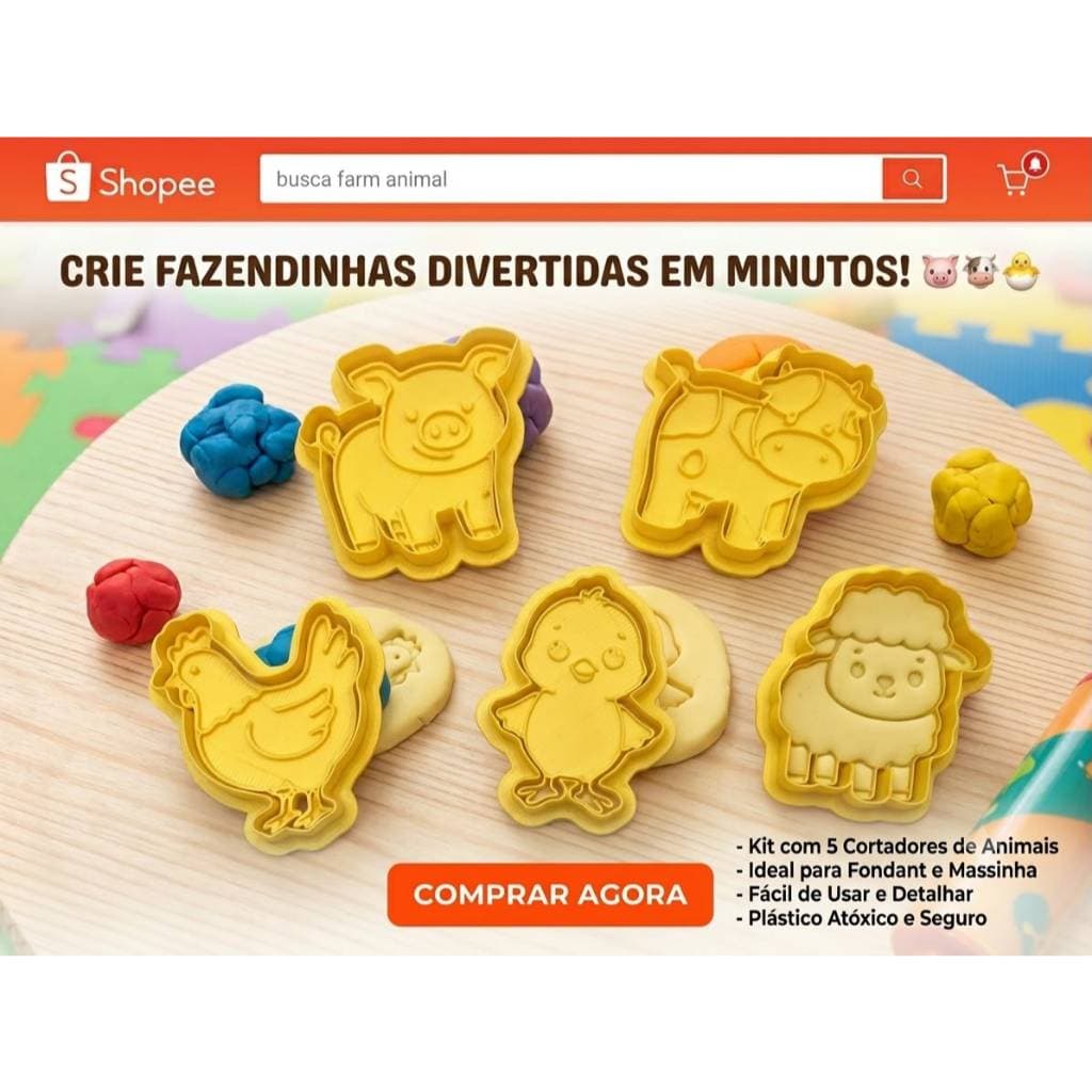 Kit Cortadores de Massinha Fazendinha | 5 Animais | Brinquedo Educativo Infantil | Modelar Massinha e Biscuit