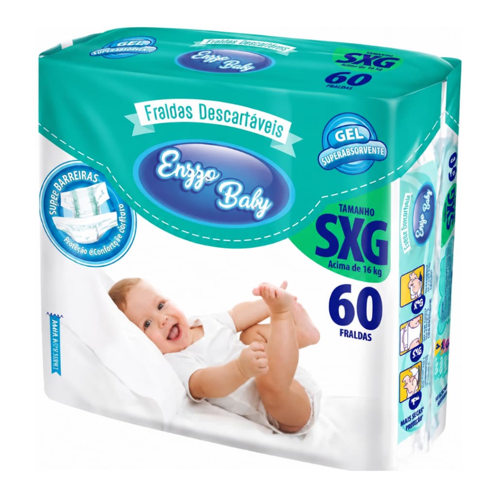 Fralda Descartável Infantil Enzzo Baby Tamanho SXG 60 Fraldas Acima de 16kg Super Extra Grande