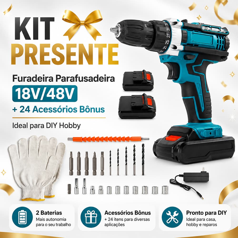 Kit Presente Furadeira Parafusadeira 18V/48V + 24 Acessórios Bônus Maleta Para DIY Hobby